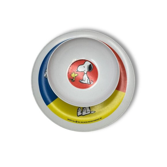 Peanuts Snoopy Woodstock Melamine Plate Bowl Set 1965 Vintage - Picture 1 of 7